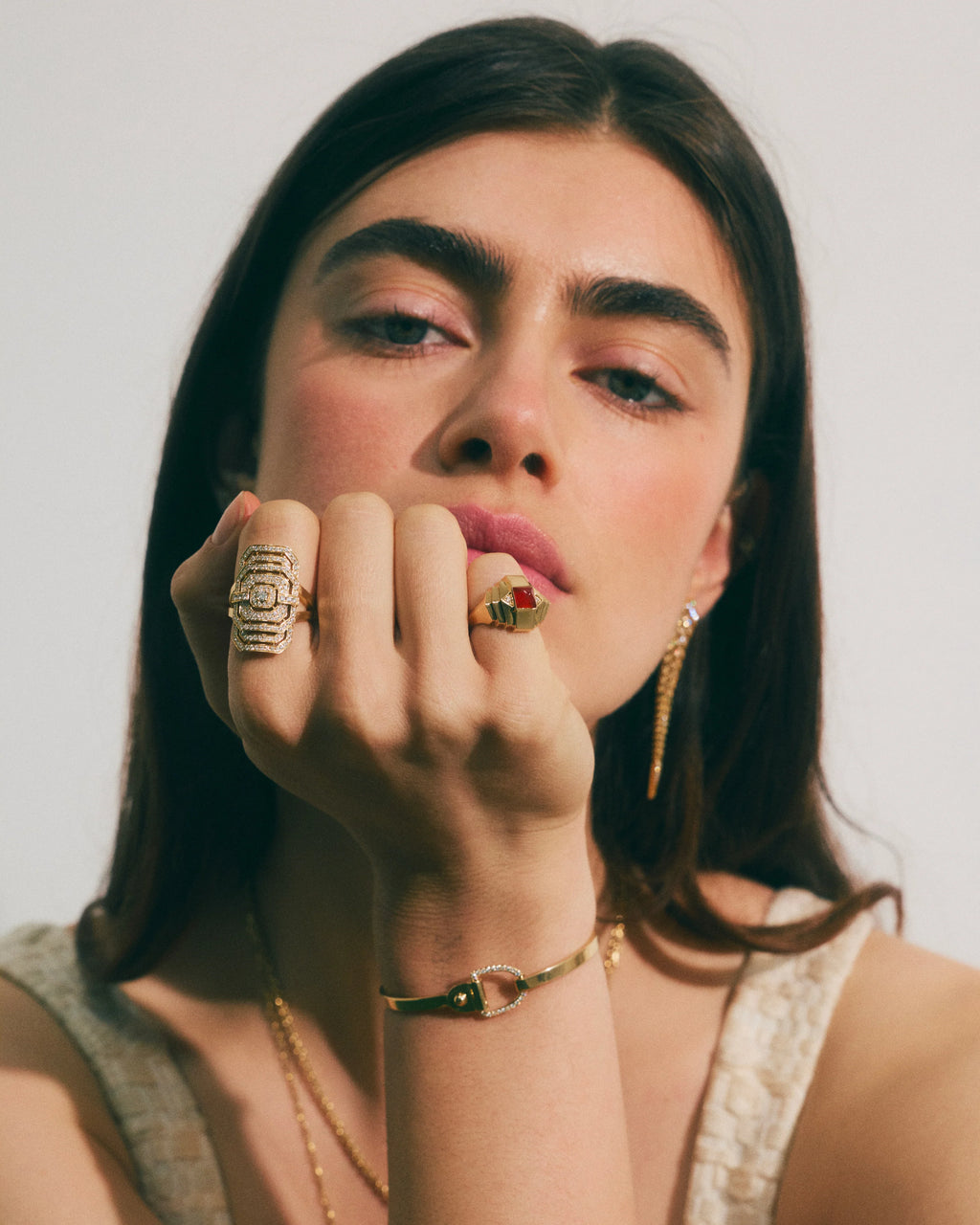 Bague Statement Rockaway Mini Pyramide Or Jaune & Cornaline - PODIUMS NANCY