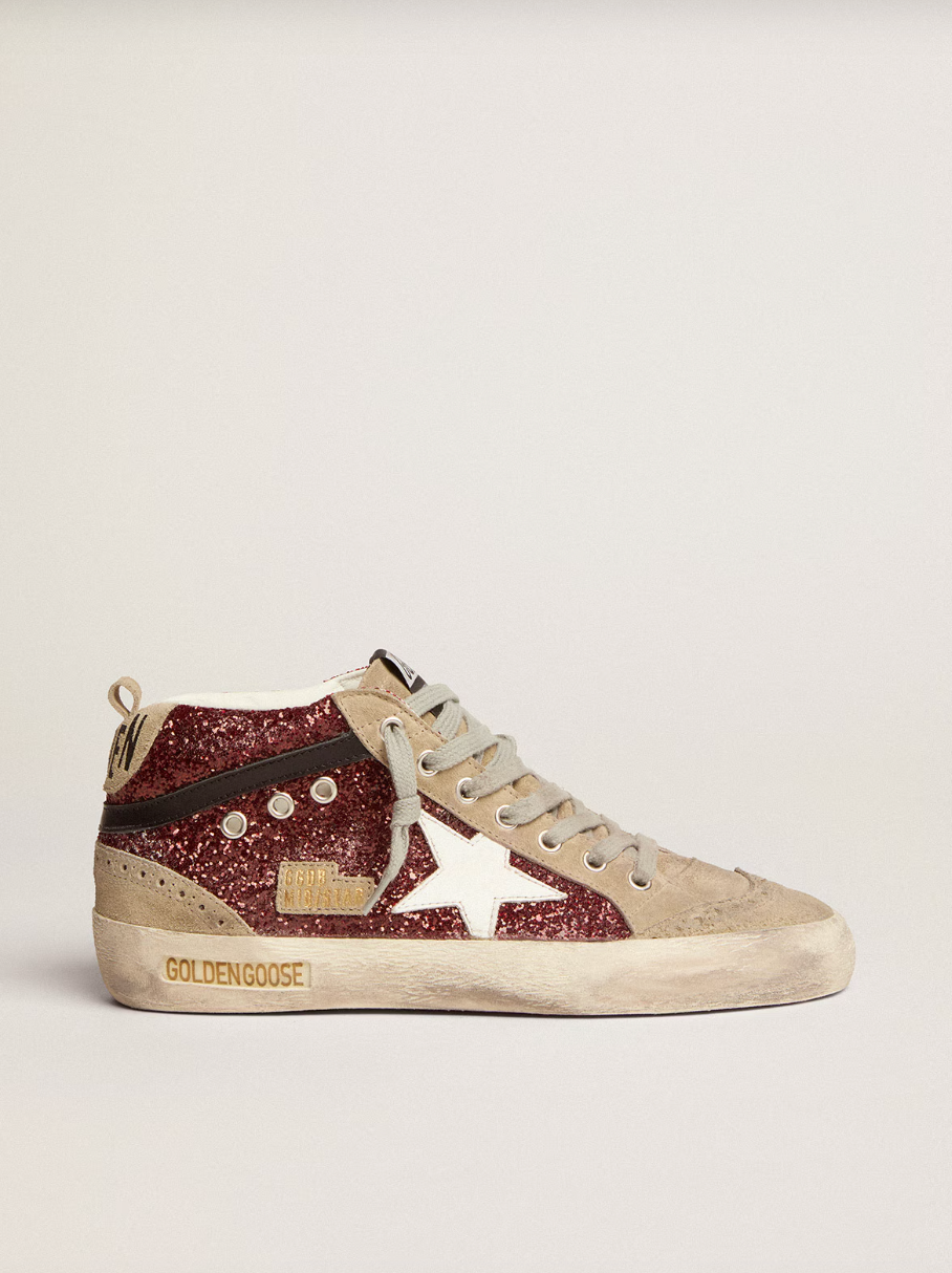 Sneakers Golden Goose Mid Star Glitter Dark Red Taup