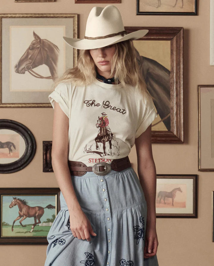 T-shirt TheGreat. Boxy Crew Stetson Graphic Washed Blanc | Podiums Nancy