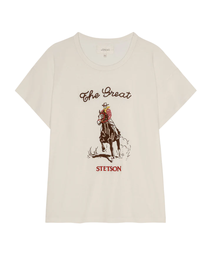 T-shirt TheGreat. Boxy Crew Stetson Graphic Washed Blanc | Podiums Nancy