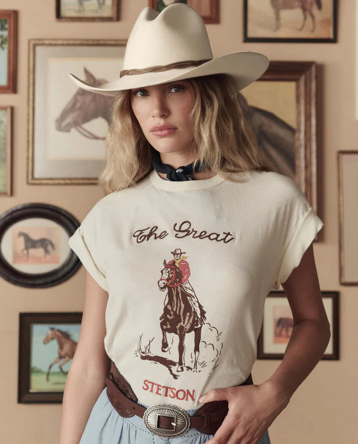 T-shirt TheGreat. Boxy Crew Stetson Graphic Washed Blanc | Podiums Nancy