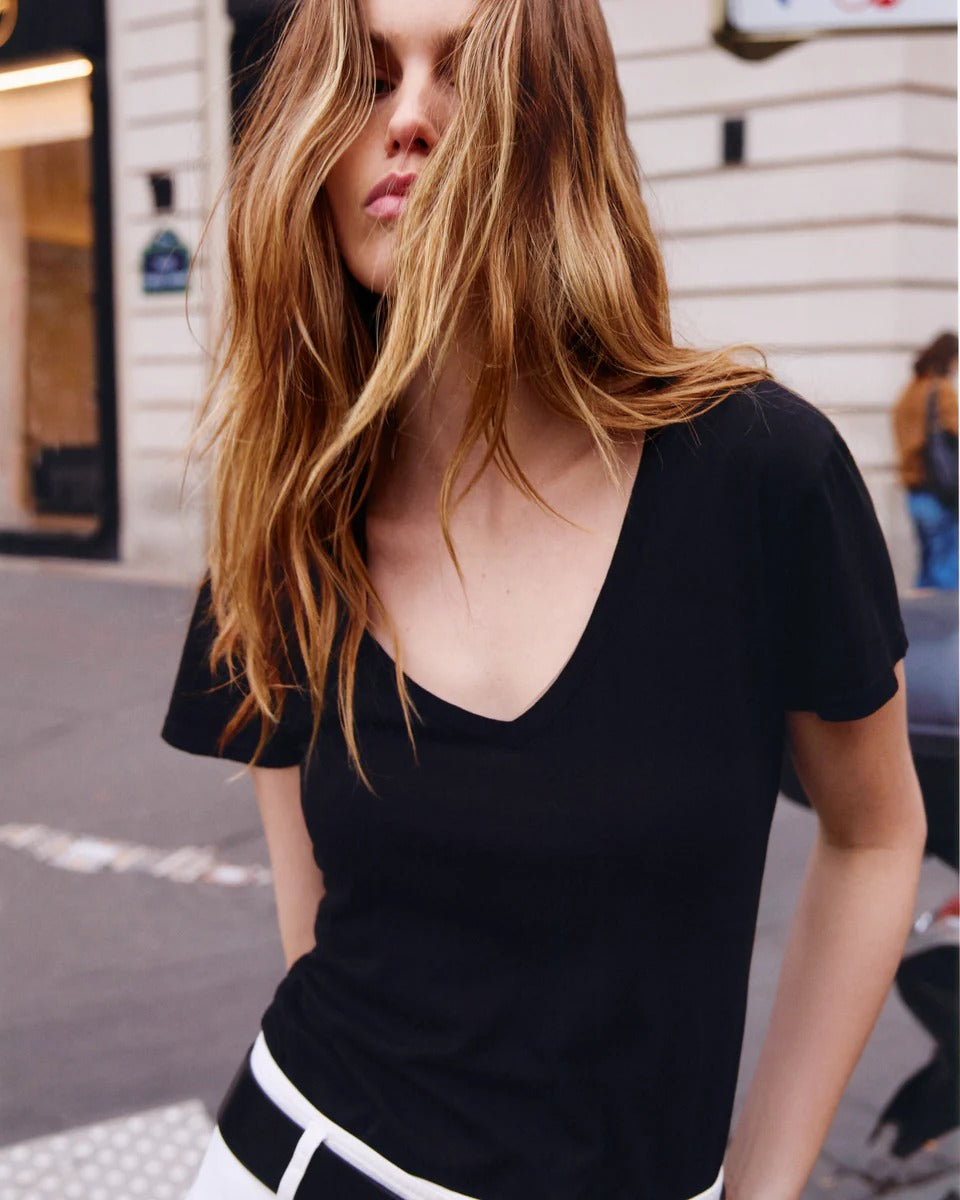 T-shirt Nili Lotan Carol Vneck Jet Noir - PODIUMS NANCY